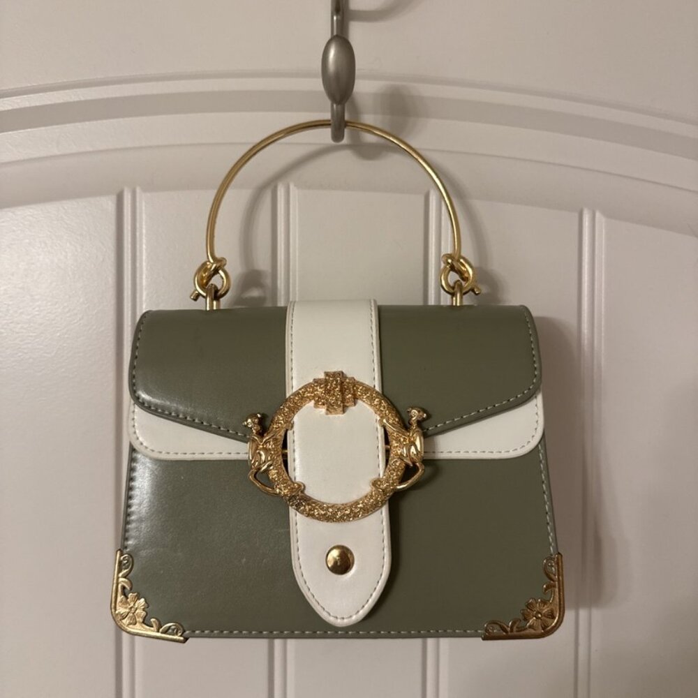 Green and White Leather Handbag with Gold Hardware